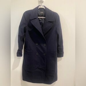 Express Women's Long Dark Blue Pea Coat- Size Large